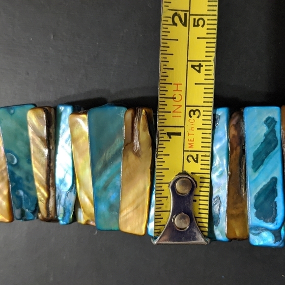 Brown and Blue Shell Spear Beaded Stretchy Elastic Statement Bracelet - Picture 4 of 4